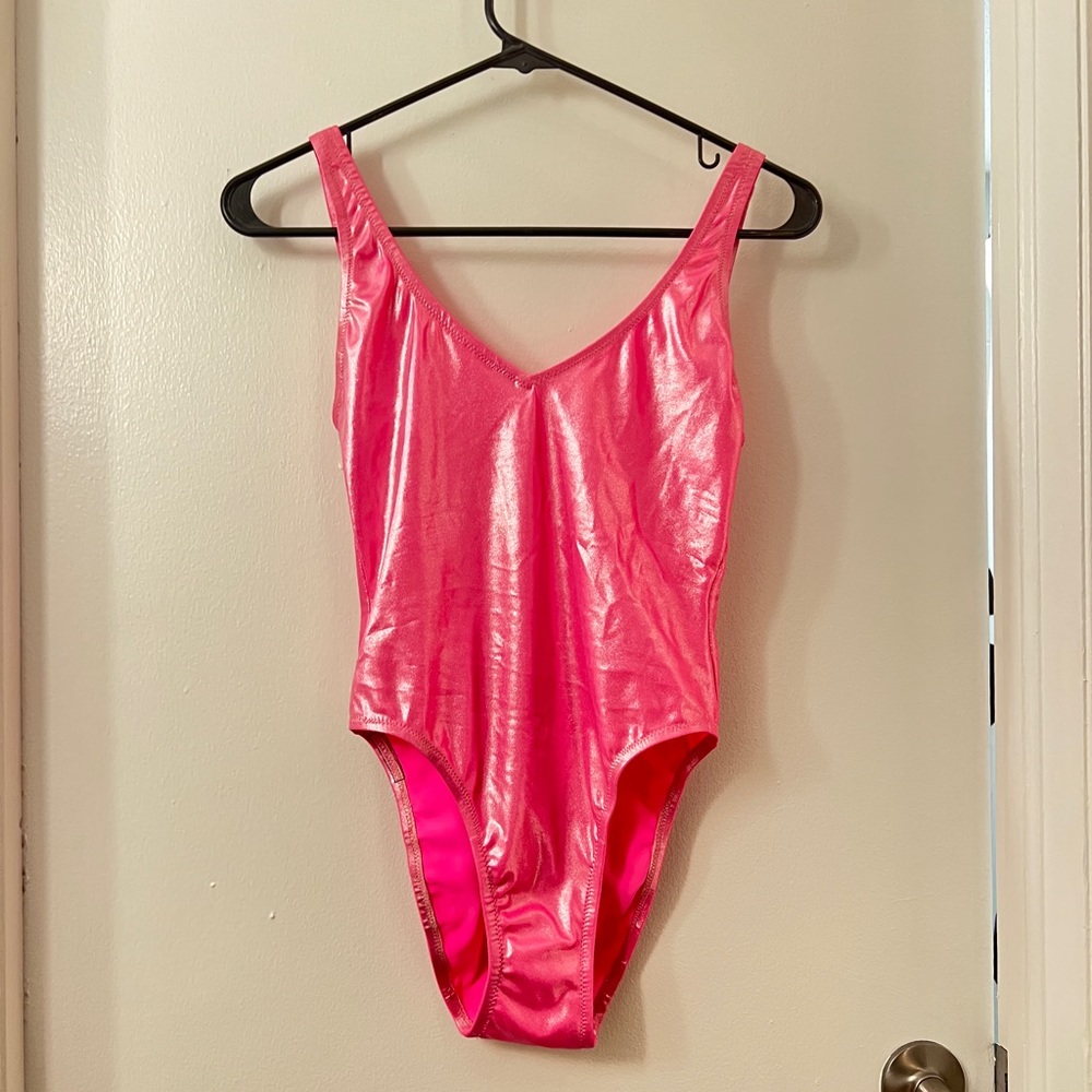 80s 90s Throwback Shiny Pink Swimsuit Bodysuit